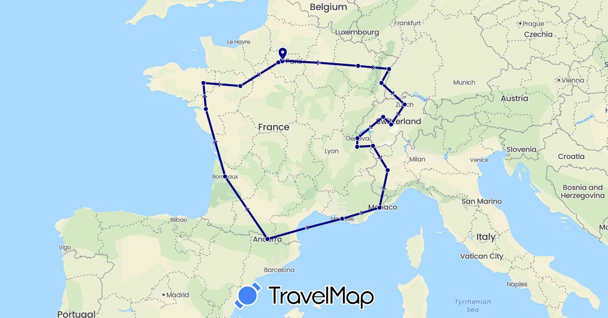 TravelMap itinerary: driving in Andorra, Switzerland, Czech Republic, France, Italy (Europe)